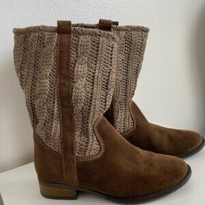 Sbicca Vintage Collection Stateroute boots in brown suede with a knit panel. 9.5